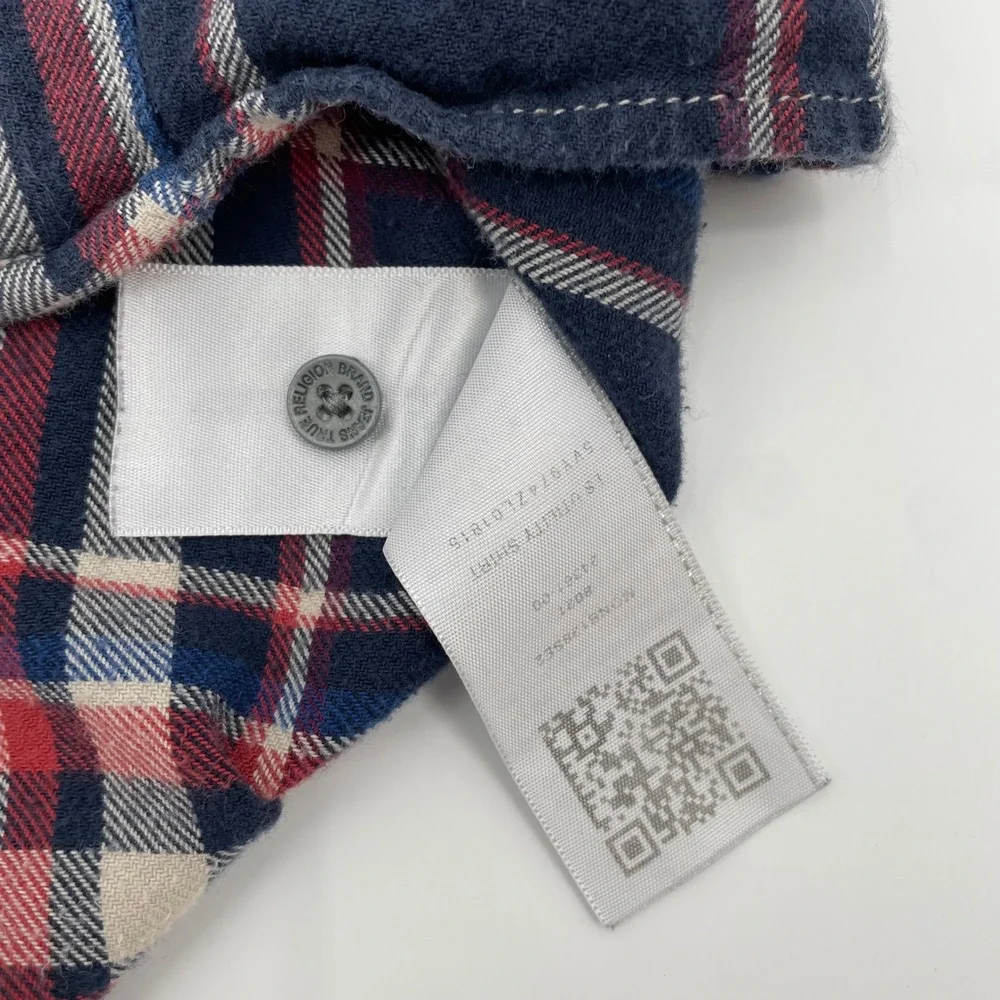 True Religion Mens Plaid Flannel LS Utility Shirt Navy‎ Red XL SVY974ZL01815